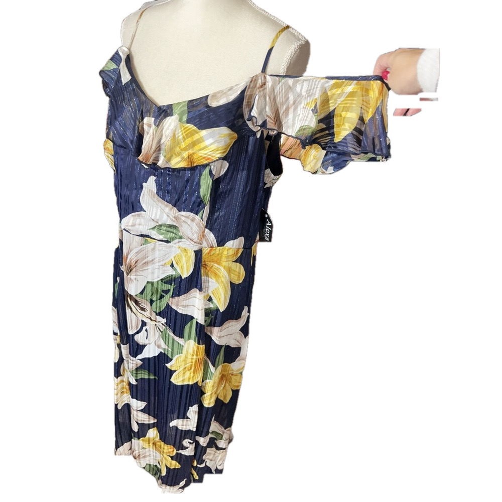 Alexa B Nites yellow blue floral dress gold filament shoulder open short sleeve